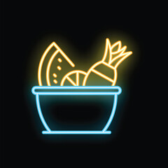 Poster - Neon sign illuminating a bowl filled with fresh fruits, ideal for promoting healthy eating or a restaurant business