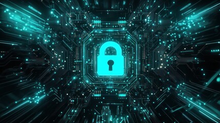 Poster - Digital lock symbolizing cybersecurity in a tech environment