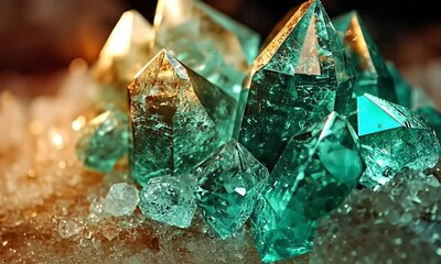 Poster - Sparkling teal crystals closeup, illuminated background, geology sample