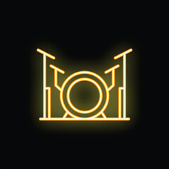 Poster - Yellow neon sign of a drum set glowing on a black background