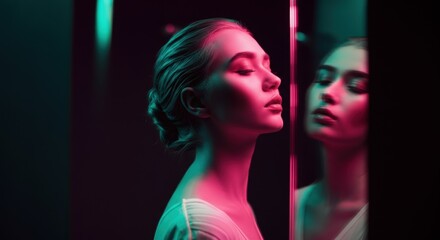 Wall Mural - Young caucasian female in neon lighting with mirror reflection