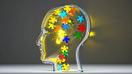 Fototapete - A dynamic sequence of puzzle pieces assembling inside a silhouette, reflecting logical thought, planning, and mental organization.
