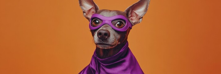 Canvas Print - Cute dog superhero in purple mask and cape against orange background.