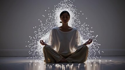 Aufkleber - A meditative moment of a person sitting cross-legged in a calm environment, with soft light and glowing particles surrounding them, symbolizing mindfulness and clarity.
