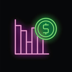 Poster - Neon sign illustrating the concept of financial loss with a declining bar graph and a dollar sign coin