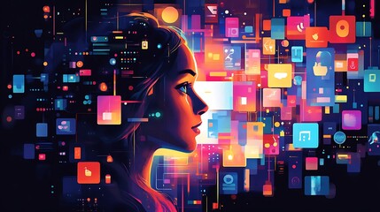 Poster - Vibrant digital artwork depicting a woman's profile intertwined with a multitude of colorful icons and data streams, symbolizing the connectivity of the digital age.
