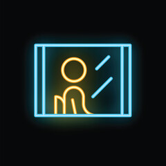 Poster - yellow and blue neon sign on a black background depicting a figure riding an elevator