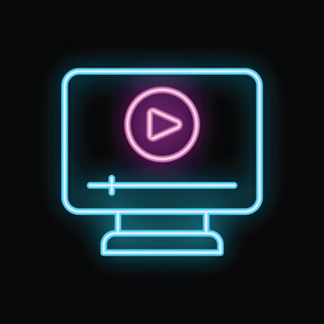 Neon icon of a computer screen playing a video with a play button, symbolizing online entertainment