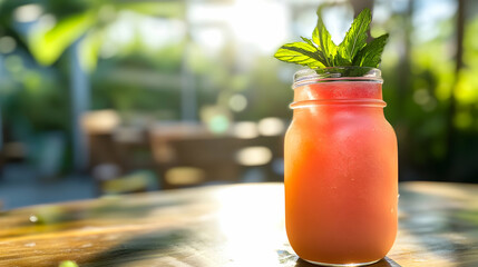 Wall Mural - A refreshing watermelon juice served in a mason jar with a mint sprig garnish, placed on a sunlit table