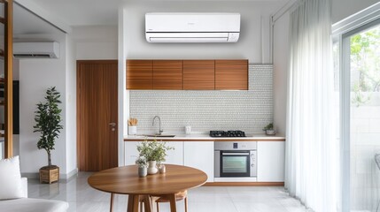 Modern kitchen air conditioner, clean design, bright lighting, open plan living