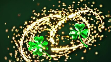 Poster - A close-up of shimmering clover leaves gently rotating, with golden sparkles and light flares adding a dynamic, celebratory feel.
