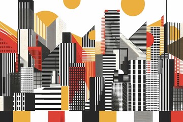 Poster - A vibrant abstract geometric cityscape with bold red, yellow, and black colors, illustration, AI generated