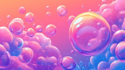 Wall Mural - Colorful iridescent bubbles floating in dreamy clouds.