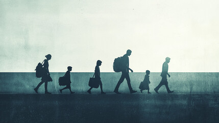 Wall Mural - A family walking with minimal bags and simple silhouettes, symbolizing migration, set against a stark background highlighting the isolation and uncertainty refugees often face