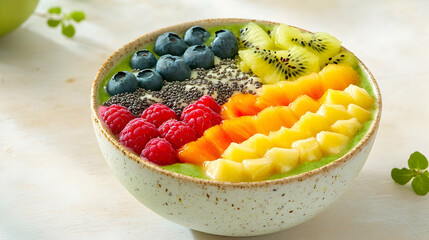 Wall Mural - A vibrant tropical smoothie bowl with layers of fruit toppings, placed on a light wooden table with natural lighting