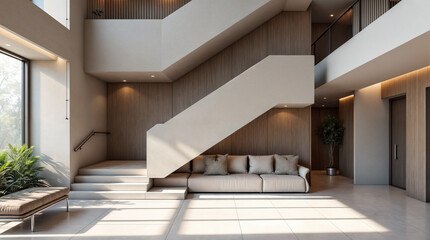 Wall Mural - a white staircase leads to a living room with a couch and a potted plant