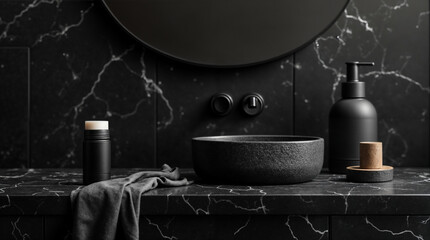 Wall Mural - a black sink with a black bowl and a black bottle of shampoo