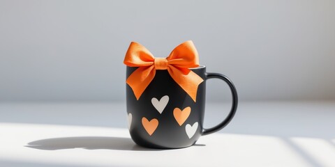 Black Mug With Orange Bow And Hearts Design