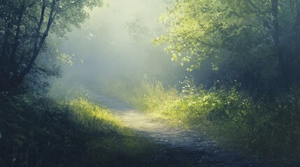 Sticker - Misty forest path at sunrise, sunlight beams through trees, green foliage.