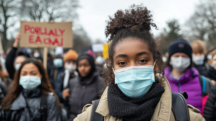 Wall Mural - A peaceful protest with signs for racial justice and equality, conveying unity and determination. The diverse participants show resilience and hope in the fight for change.