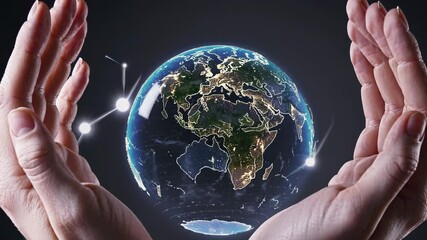 Poster - A pair of hands holding a transparent globe with visible environmental textures, surrounded by floating light particles on a dark gradient background.

