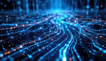 3D Rendering of abstract highway path through digital binary towers in city. Concept of big data, machine learning, artificial intelligence, hyper loop, virtual reality, high speed network.