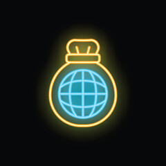 Poster - Neon sign showing a money bag containing a world globe, representing global economics and international finance