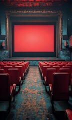 Poster - Empty vintage cinema, red seats, screen, ornate
