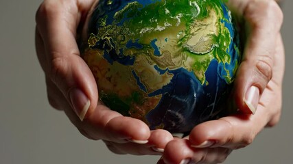 Fototapete - A close-up of hands cupping a vibrant, glowing Earth, with green leaves growing around the edges, symbolizing environmental conservation.
