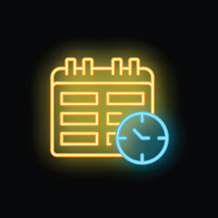 Poster - Neon icon representing an appointment scheduling app with a clock showing the time and a calendar