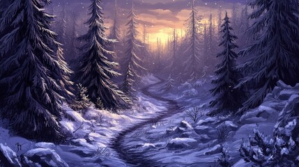 Poster - Serene winter sunset in a snow-covered pine forest with a winding path.