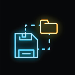Poster - Neon glowing icon of a floppy disk saving data to a folder representing data backup