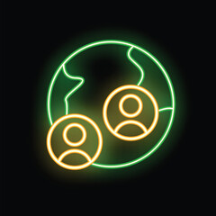 Poster - Green neon icon of planet earth with two user icons representing global communication