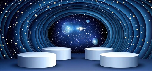 Wall Mural - cylindrical platforms in front of a cosmic backdrop.