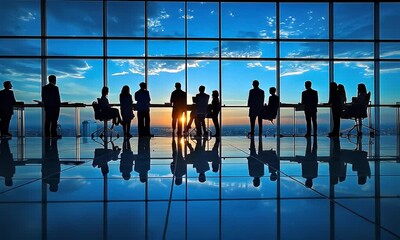 Poster - Silhouetted business team sunset meeting skyscraper