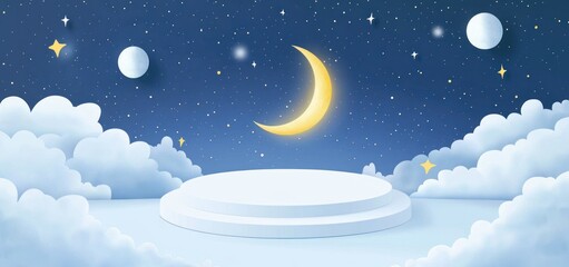 Wall Mural - dreamy nightscape with crescent moon, stars, clouds, and a white platform.