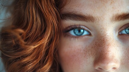Aufkleber - Soft light illuminates the face of a girl with striking blue eyes framed by red curls. Freckles dance across her cheeks, enhancing her natural beauty and captivating gaze