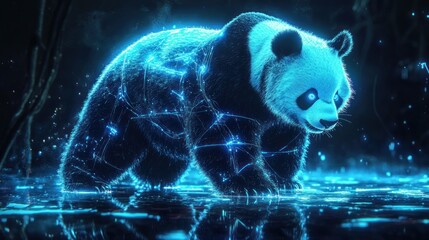 Wall Mural - glowing blue panda bear walking in dark forest.