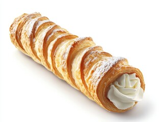 Wall Mural - Cream-filled puff pastry roll, dusted with powdered sugar, isolated on white.