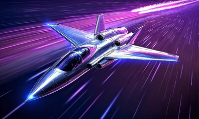 Poster - Futuristic jet streaks across neon space, speed, game background