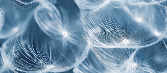 Poster - Close-up view of dandelion seeds with a soft, delicate look on a blue background, AI generated