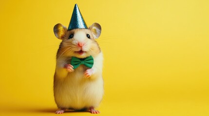 Wall Mural - Cute hamster in party hat and bow tie on yellow background.