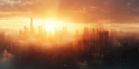 Poster - Golden sunrise over hazy cityscape, skyscrapers bathed in warm light.