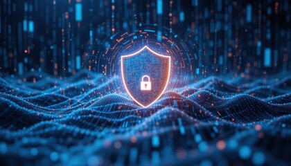 Digital shield with glowing keyhole protecting flowing lines of data and binary code in a futuristic network