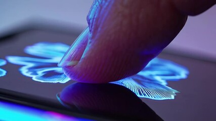 Aufkleber - Detailed macro shot of a finger pressing onto a touchscreen, leaving a visible smudged fingerprint illuminated by soft neon lights.

