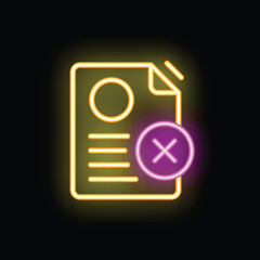 Poster - Glowing neon icon of a document with a cross mark symbol, representing rejection
