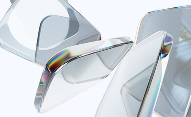 Poster - 3d glass transparent square shapes on gray background. Abstract render geometric rectangle plates with neon light refraction in prism. Digital tech banner with glossy clear objects. 3D illustration