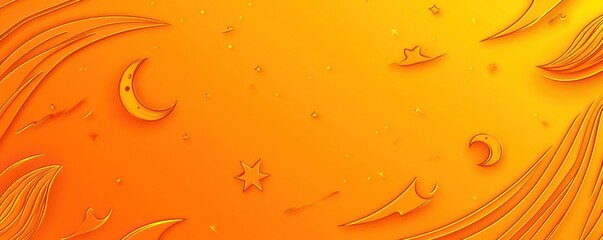 Wall Mural - orange abstract background with celestial elements moons, stars, and wavy lines.