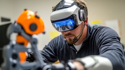 Poster - A person using virtual reality technology to engage with a robotic arm in a lab setting, showcasing the fusion of robotics and immersive experiences.