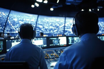 Poster - Professionals monitoring cityscape from high-tech control room